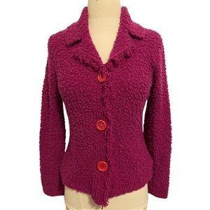 BLOOMINGDALE’s VINTAGE chunky knit WOOL collared cardigan size PS magenta